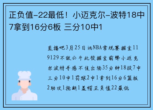 正负值-22最低！小迈克尔-波特18中7拿到16分6板 三分10中1
