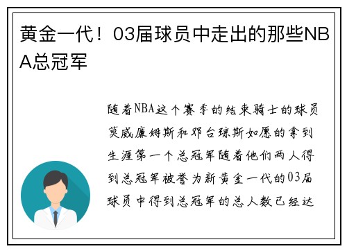 黄金一代！03届球员中走出的那些NBA总冠军